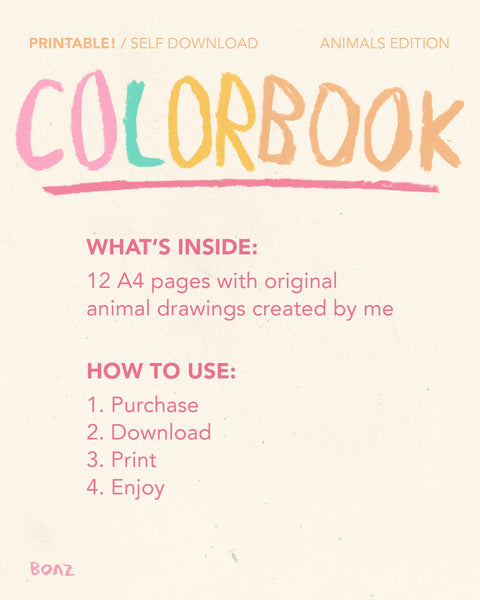Printable Color book / Instant download / Animals edition
